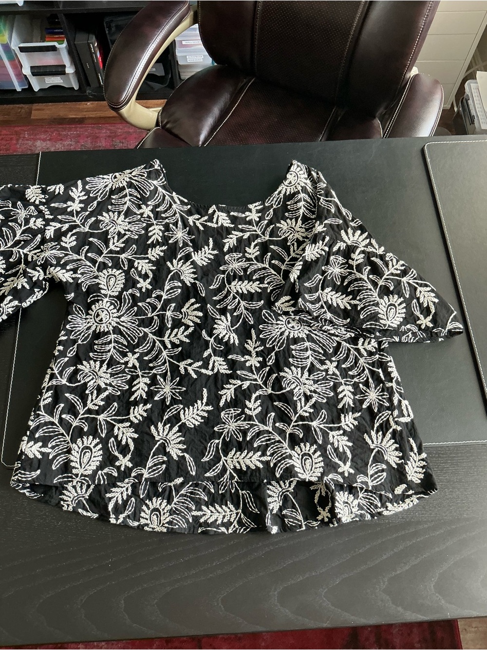 Anthropologie Rory Black Embroidered Floral Boatneck Women's Top